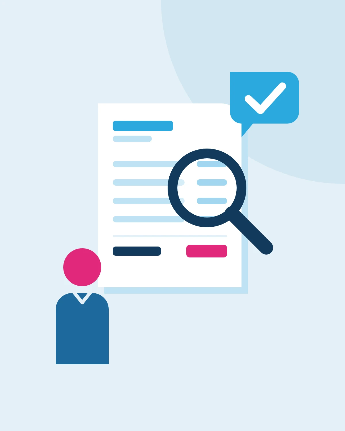Illustration of a patient next to a medical bill being reviewed with a magnifying glass